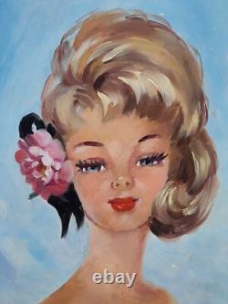 Tableau signé. Portrait Femme Élégante Peinture huile sur panneau d'isorel