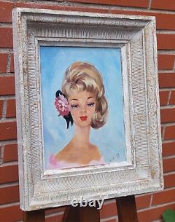 Tableau signé. Portrait Femme Élégante Peinture huile sur panneau d'isorel
