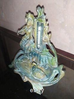 Thermometre vide poche en regule Art Nouveau Femme au Parapluie Cygne c. 1900