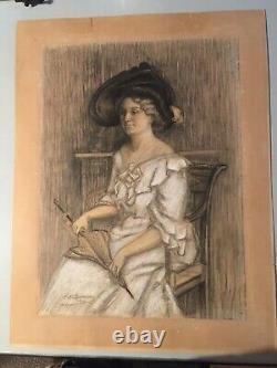 Très Beau Grand Dessin Femme Élaguante A L Ombrelle portrait 1912 Albert Jarach