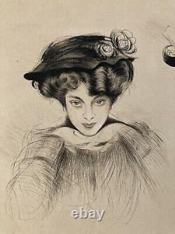 Très Belle Eau forte Encre Paul Cesar Helleu FEMME Portrait Art Nouveau 1910