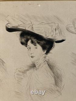 Très Belle Eau forte Encre Paul Cesar Helleu FEMME Portrait Art Nouveau 1910
