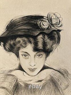 Très Belle Eau forte Encre Paul Cesar Helleu FEMME Portrait Art Nouveau 1910