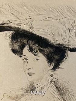 Très Belle Eau forte Encre Paul Cesar Helleu FEMME Portrait Art Nouveau 1910