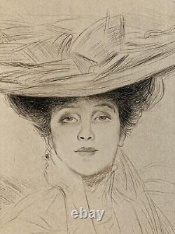 Très Belle Eau forte Encre Paul Cesar Helleu FEMME Portrait Art Nouveau 1910