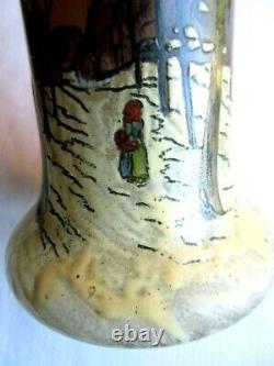 Vase Art Nouveau Déco émaillé Legras Paysage de neige, arbres et femme marchant