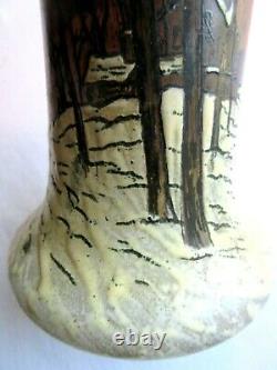 Vase Art Nouveau Déco émaillé Legras Paysage de neige, arbres et femme marchant
