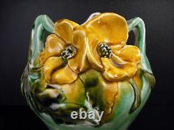 Vase art-nouveau c1900 fleurs & femme nue signature papillon cracked glazed 17cm
