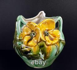 Vase art-nouveau c1900 fleurs & femme nue signature papillon cracked glazed 17cm