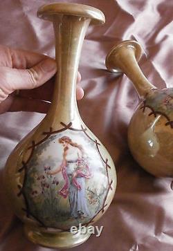 Vases pansu style art nouveau porcelaine irisée polychrome Femme Iris & fleurs