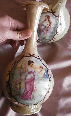 Vases pansu style art nouveau porcelaine irisée polychrome Femme Iris & fleurs
