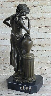 Victorien Femme Signée Sculpture Élégant Style Art Nouveau Figurine Bronze Soldé
