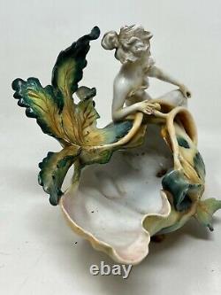 Vide Poche Porcelaine Peinte Vers 1900 Art Nouveau Floral Femme