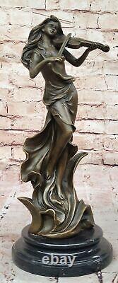 Vintage Bronze Femme Avec Violon Sculpture Signée Art Nouveau Collection Solde