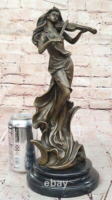 Vintage Bronze Femme Avec Violon Sculpture Signée Art Nouveau Collection Solde