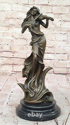 Vintage Bronze Femme Avec Violon Sculpture Signée Art Nouveau Collection Solde
