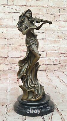 Vintage Bronze Femme Avec Violon Sculpture Signée Art Nouveau Collection Solde