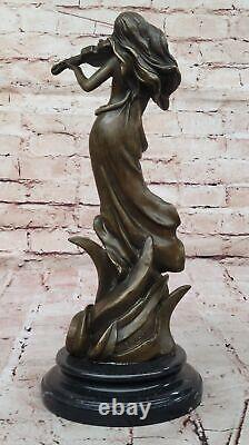 Vintage Bronze Femme Avec Violon Sculpture Signée Art Nouveau Collection Solde