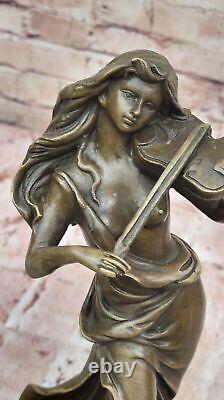 Vintage Bronze Femme Avec Violon Sculpture Signée Art Nouveau Collection Solde