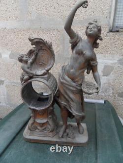 Vintage Statue pendule horloge art nouveau femme cueillette des cerises et ange