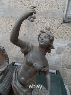 Vintage Statue pendule horloge art nouveau femme cueillette des cerises et ange