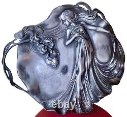 WMF plat en métal argenté à décor de femme fleur ART NOUVEAU ÉPOQUE 1900
