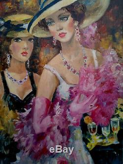 Yuri DENISSOV (Deux jeunes femmes aux chapeaux, aux verres), Huile sur toile