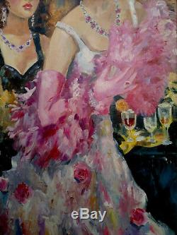 Yuri DENISSOV (Deux jeunes femmes aux chapeaux, aux verres), Huile sur toile