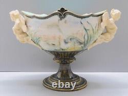 -superbe Coupe /pied Barbotine Art Nouveau Anses 2 Femmes Ailees A Restaurer D