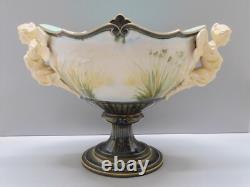 -superbe Coupe /pied Barbotine Art Nouveau Anses 2 Femmes Ailees A Restaurer D