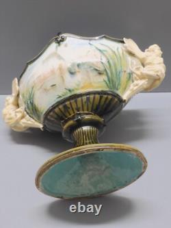 -superbe Coupe /pied Barbotine Art Nouveau Anses 2 Femmes Ailees A Restaurer D