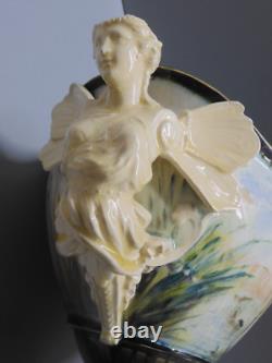 -superbe Coupe /pied Barbotine Art Nouveau Anses 2 Femmes Ailees A Restaurer D