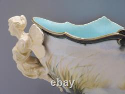 -superbe Coupe /pied Barbotine Art Nouveau Anses 2 Femmes Ailees A Restaurer D