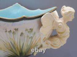 -superbe Coupe /pied Barbotine Art Nouveau Anses 2 Femmes Ailees A Restaurer D