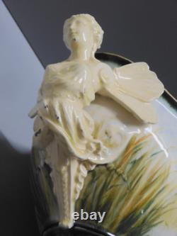 -superbe Coupe /pied Barbotine Art Nouveau Anses 2 Femmes Ailees A Restaurer D