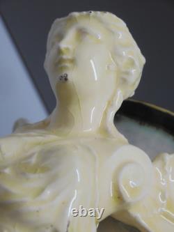 -superbe Coupe /pied Barbotine Art Nouveau Anses 2 Femmes Ailees A Restaurer D