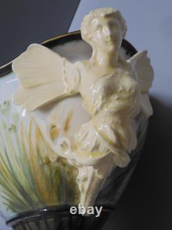 -superbe Coupe /pied Barbotine Art Nouveau Anses 2 Femmes Ailees A Restaurer D