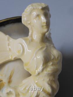 -superbe Coupe /pied Barbotine Art Nouveau Anses 2 Femmes Ailees A Restaurer D